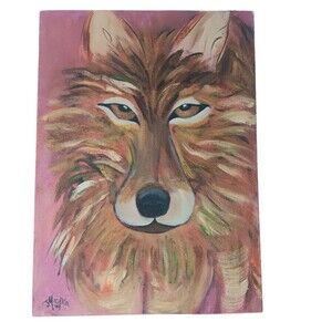 Wolf Painting Original on Plaster Canvas Red Brown Signed J Miculka '09 Vintage